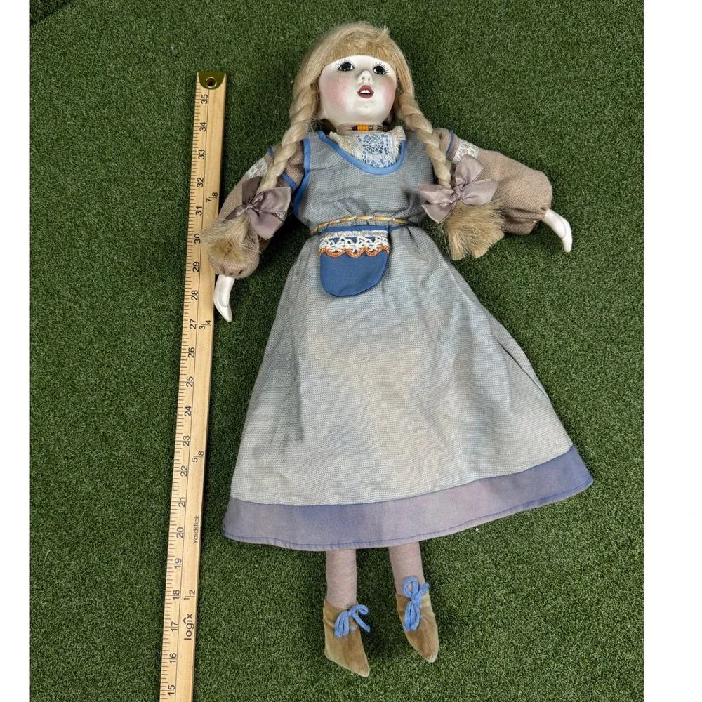 Vintage Porcelain Face Cloth Body Doll Blonde Braids Prairie Dress‎ 34in